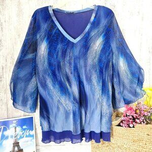 Timeson Women's Blouse Size XL Flowy Blue Artsy Waves Sheer Lined Stretchy Boho